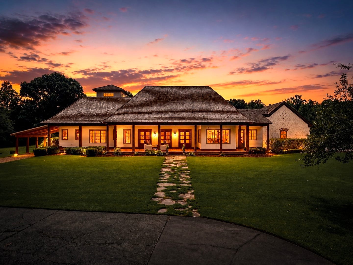 Front of the main residence at dusk with the windows lit and a stone path across the lawn