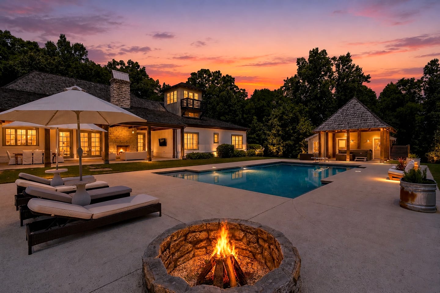 Pool, fire pit and pool house at dusk with the main residence lit